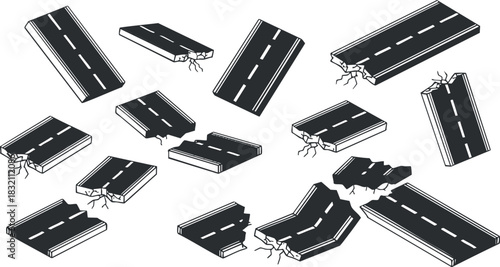 A set of cracked and broken road sections in black and white outline vector style, suitable for urban infrastructure design