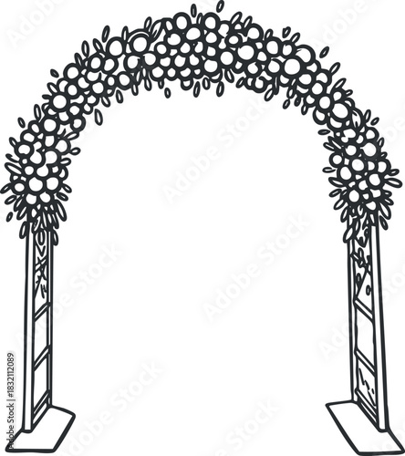 A decorative floral arch in hand-drawn outline vector style, perfect for wedding ceremonies and event decorations
