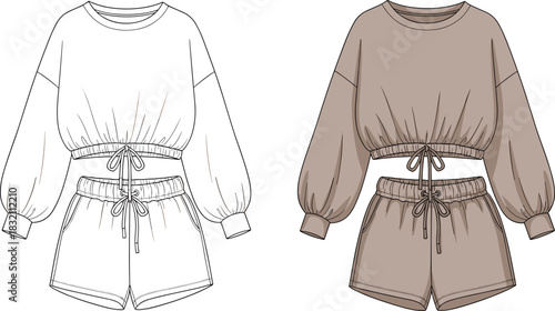 Vector technical sketch of women's two-piece lounge set featuring drawstring crop top and shorts, fashion flat drawing template.