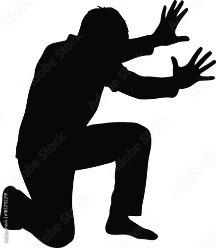 Man kneeling silhouette reaching out despair