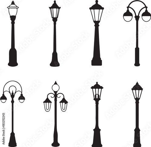 Vector set of vintage street lamps, isolated black silhouettes of old metal lantern posts on white