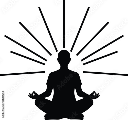 Meditating figure silhouette with radiant energy