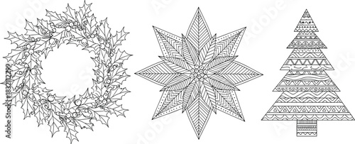 Set of decorative black and white Christmas illustrations including holly wreath, ornamental star, and patterned pine tree for coloring book.
