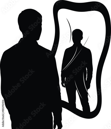 Man s silhouette reflecting in distorted mirror