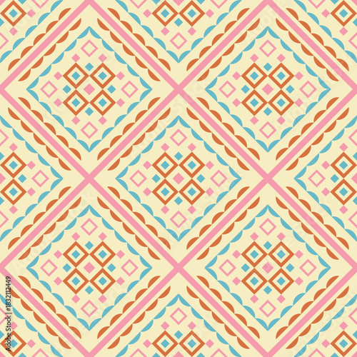 Seamless geometric folklore  pattern with pink and blue lines, orange and pink  squares, segments and triangles. Could be used as wallpaper, texture, print, fabric. 