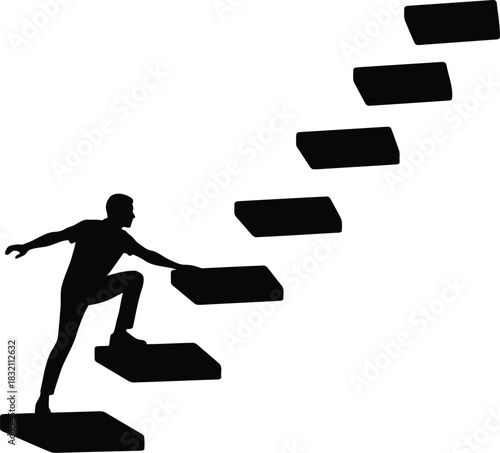 Silhouette climber ascending abstract steps progress concept