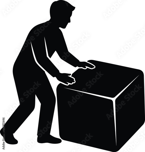 Silhouette of person pushing heavy cube