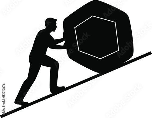 Man pushing heavy hexagonal rock uphill silhouette
