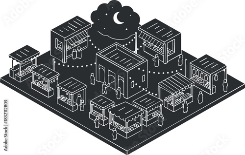 An isometric illustration of a vibrant night market scene featuring various vendor stalls and people, in minimalist black and white vector style, suitable for urban lifestyle projects