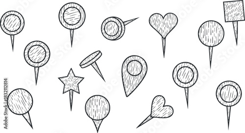 A collection of hand-drawn map pins and markers in a sketch style, ideal for travel-themed designs and navigation projects