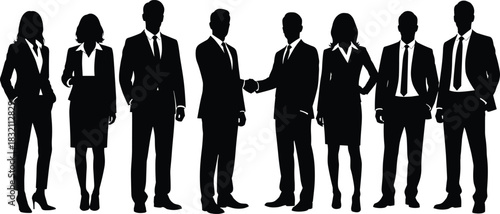 Group of professional business people silhouettes featuring a central handshake representing partnership, teamwork, and successful corporate agreement.