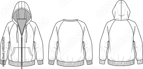Vector technical sketch of zip-up hoodie with raglan sleeves, front and back view fashion flat drawing, apparel design template.