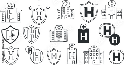 A collection of hospital and healthcare icons featuring buildings and shields in outline vector style, suitable for medical branding and design