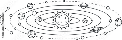 A simplified illustration of the solar system with planets and the sun in a minimalist black and white vector style, suitable for educational materials