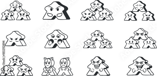 A collection of playful game pieces with various facial expressions in black and white vector style, ideal for board game design