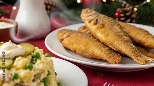 Festive Fried Fish and Potato Salad on Red Tablecloth with Christmas Lights and Ornament Background