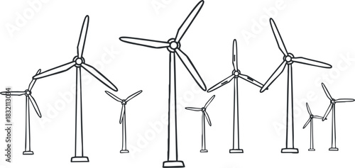 A collection of wind turbines in outline minimalist vector style, ideal for environmental and energy-related projects