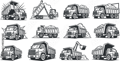A collection of dump trucks in various positions such as loading and unloading in black and white vector style, perfect for construction and transportation themes