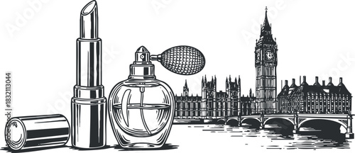 A lipstick and a perfume bottle in black and white vector style with London's Big Ben in the background, perfect for beauty and travel branding