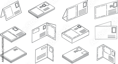 A collection of various postcard designs in black and white outline vector style, suitable for stationery projects and creative communication