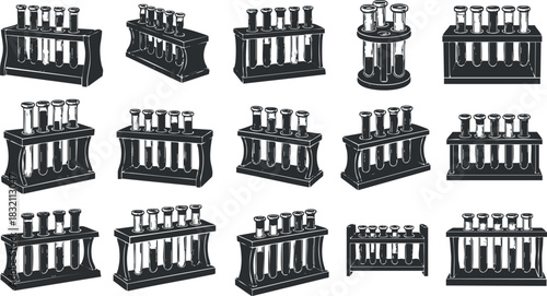 A collection of test tube racks with various test tubes in black and white vector style, suitable for scientific and educational projects