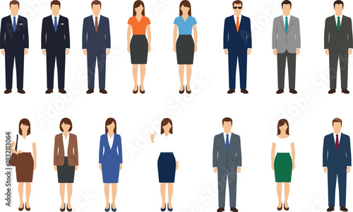 Set of flat vector business people characters featuring men and women in professional office suits and formal wear.