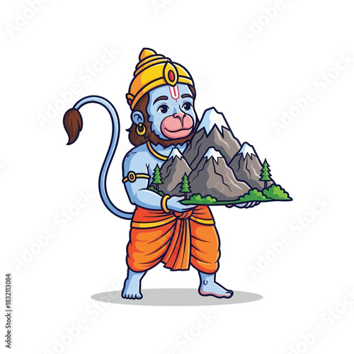 Hanuman carrying the mountain, a vibrant illustration for spirituality, mythology and cultural education with a fun, cartoonish style