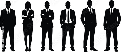 Set of business people silhouettes featuring men and women in formal suits standing confidently in a row isolated on white.