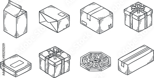 A collection of various gift boxes and packaging designs in black and white outline vector style, suitable for branding and creative projects