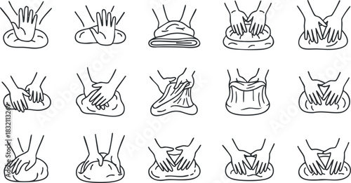 A series of illustrations showing the kneading process of dough in simple outline vector style, suitable for cooking tutorials and baking guides