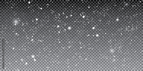 Abstract winter background from snowflakes blown by the wind on a background. White dust light png. Heavy snowfall, snowflakes in different shapes and forms.