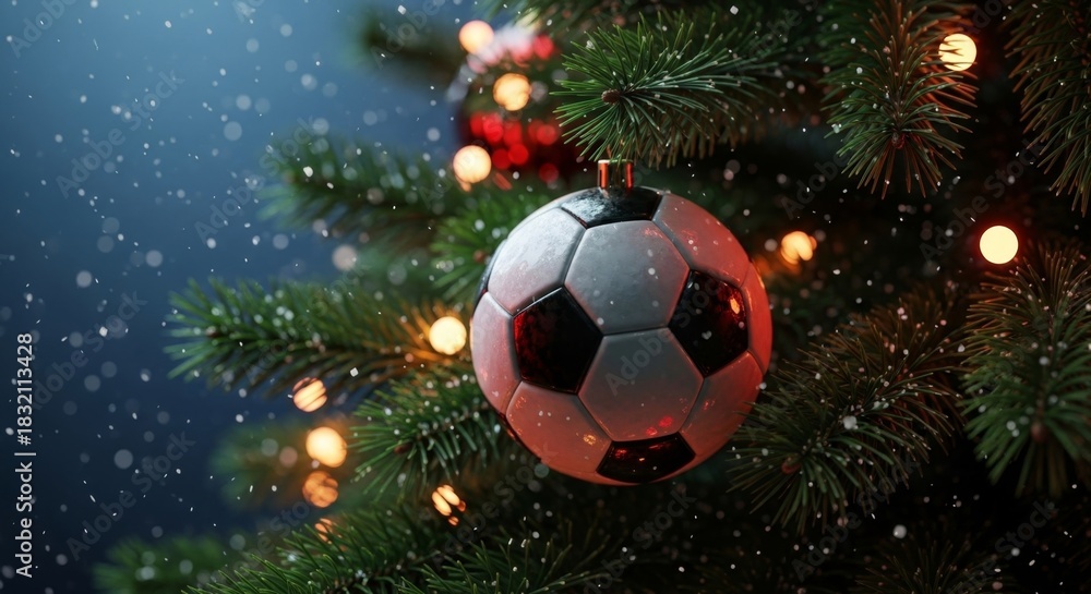 Naklejka premium Soccer ball ornament on a decorated Christmas tree with bokeh lights and falling snow. Winter sport and holiday celebration concept.