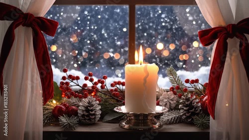 A lit candle on a silver stand in a window frame, decorated with festive winter foliage