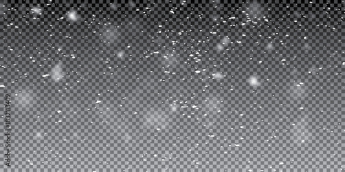 Falling snowflakes in transparent beauty, delicate and small, isolated on a clear background. Snowflake elements, snowy backdrop. Vector illustration of intense snowfall, snowflakes.