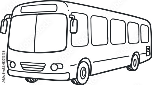 A city bus illustration in black and white outline vector style, suitable for public transportation designs and graphics