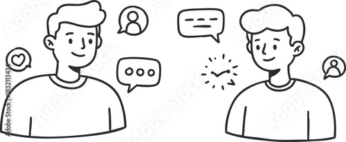 Two young men engaging in conversation with speech bubbles in black and white outline vector style, ideal for social media and communication themes