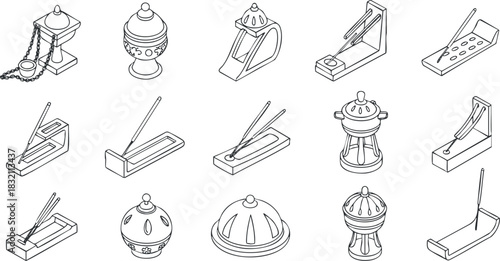 A collection of incense holders and accessories in minimalist line art vector style, perfect for home decor and wellness themes