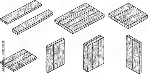 A set of wooden planks and boards in outline vector style, ideal for construction and woodworking projects