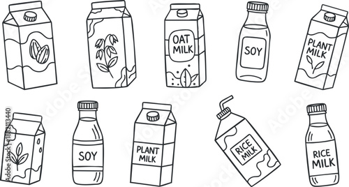 A collection of plant-based milk cartons including soy, oat, and rice milk in a minimalist line art style, perfect for vegan product branding