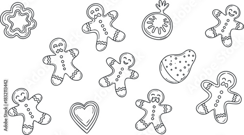 A collection of gingerbread cookies in various shapes including men, hearts, and stars in outline vector style, ideal for festive holiday designs