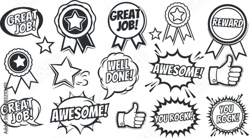 A collection of motivational badges and speech bubbles with phrases like 'Great Job!' and 'You Rock!' in vector outline style, perfect for celebration themes and graphic design