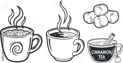 A collection of three cups with steaming drinks including coffee and cinnamon tea in line art vector style, perfect for beverage branding and menus