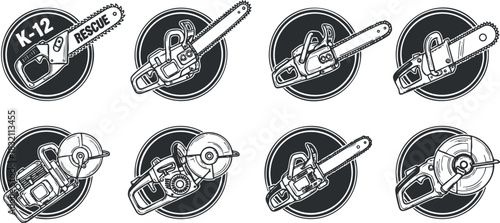 A set of emergency rescue chainsaw icons in black and white vector style, suitable for safety and fire department branding