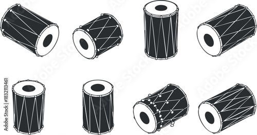 A set of traditional percussion drums in black and white outline vector style, suitable for music-related designs and branding