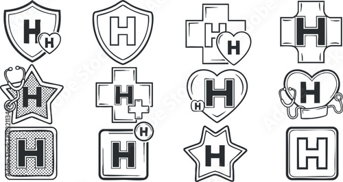 A collection of healthcare icons including shields, hearts, stars, and medical symbols in outline vector style, ideal for health-related branding and design