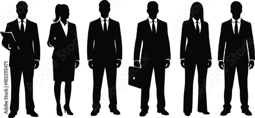Group of professional business people silhouettes featuring men and women in formal suits with briefcase isolated on white background.