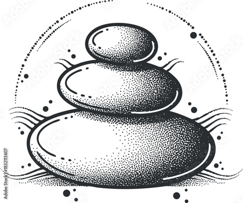 A stack of smooth stones in a dotted black and white vector style, ideal for wellness and spa branding
