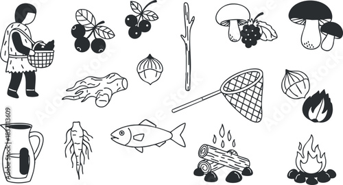 A collection of hand-drawn nature elements including mushrooms, berries, fish, and a camping scene in black and white outline style, suitable for outdoor and eco-friendly projects