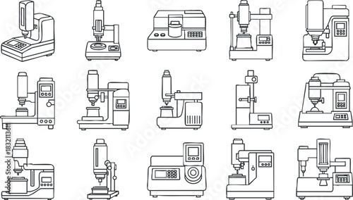 A collection of various industrial machines and equipment in outline vector style, suitable for technology and engineering projects
