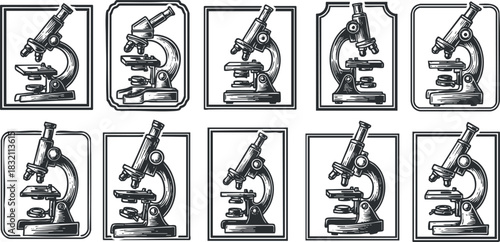 A collection of vintage microscope illustrations in detailed black and white lineart style, ideal for educational materials and scientific publications